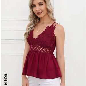 (M) SHEIN Women's Lace Trim Burgundy Top